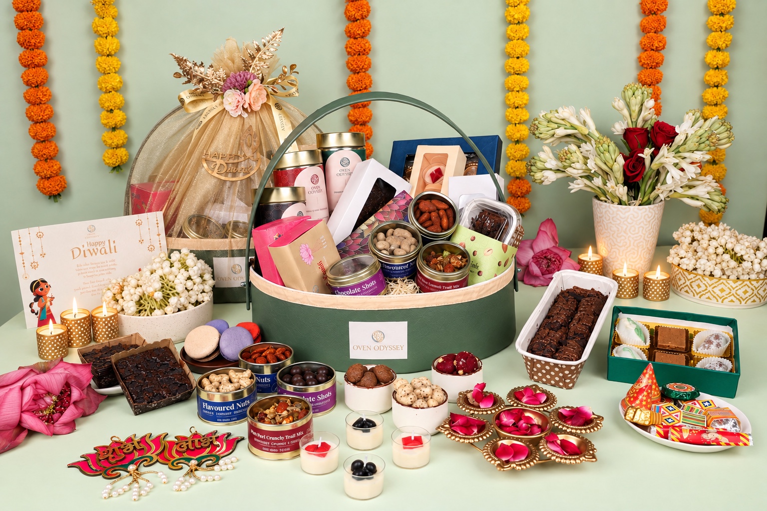 ShaHi Luxe Basket with cookies, mithai, brownies, macarons, nuts and Diwali keepsakes